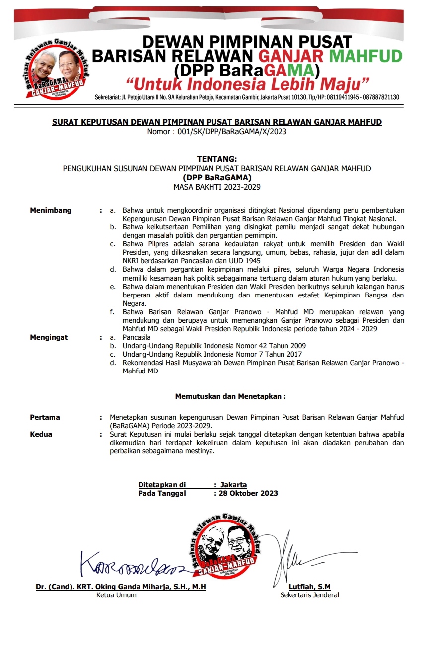 Susunan Dewan Pimpinan Pusat Barisan Relawan Ganjar Mahfud (DPP BaRaGAMA) Periode 2023 - 2029