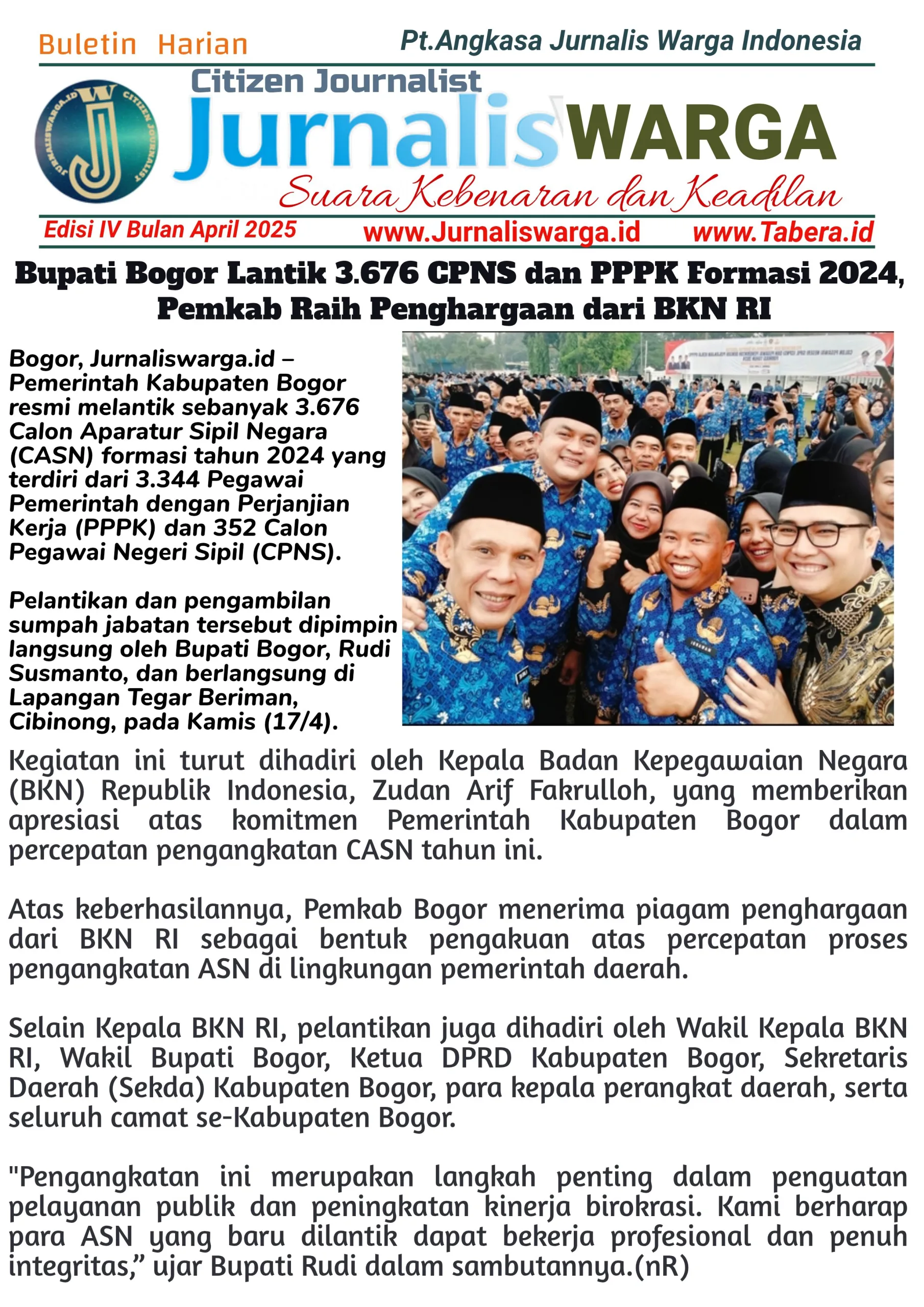 Bupati Bogor Lantik 3.676 CPNS dan PPPK Formasi 2024, Pemkab Raih Penghargaan dari BKN RI