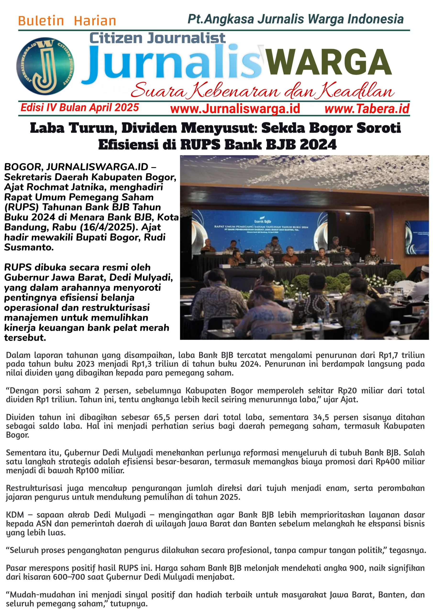 Laba Turun, Dividen Menyusut: Sekda Bogor Soroti Efisiensi di RUPS Bank BJB 2024