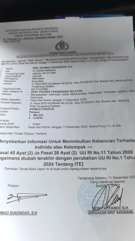Rahmad Sukendar: Laporkan Selegram Tiktok Adimas Firdaus Di Polres Tangsel