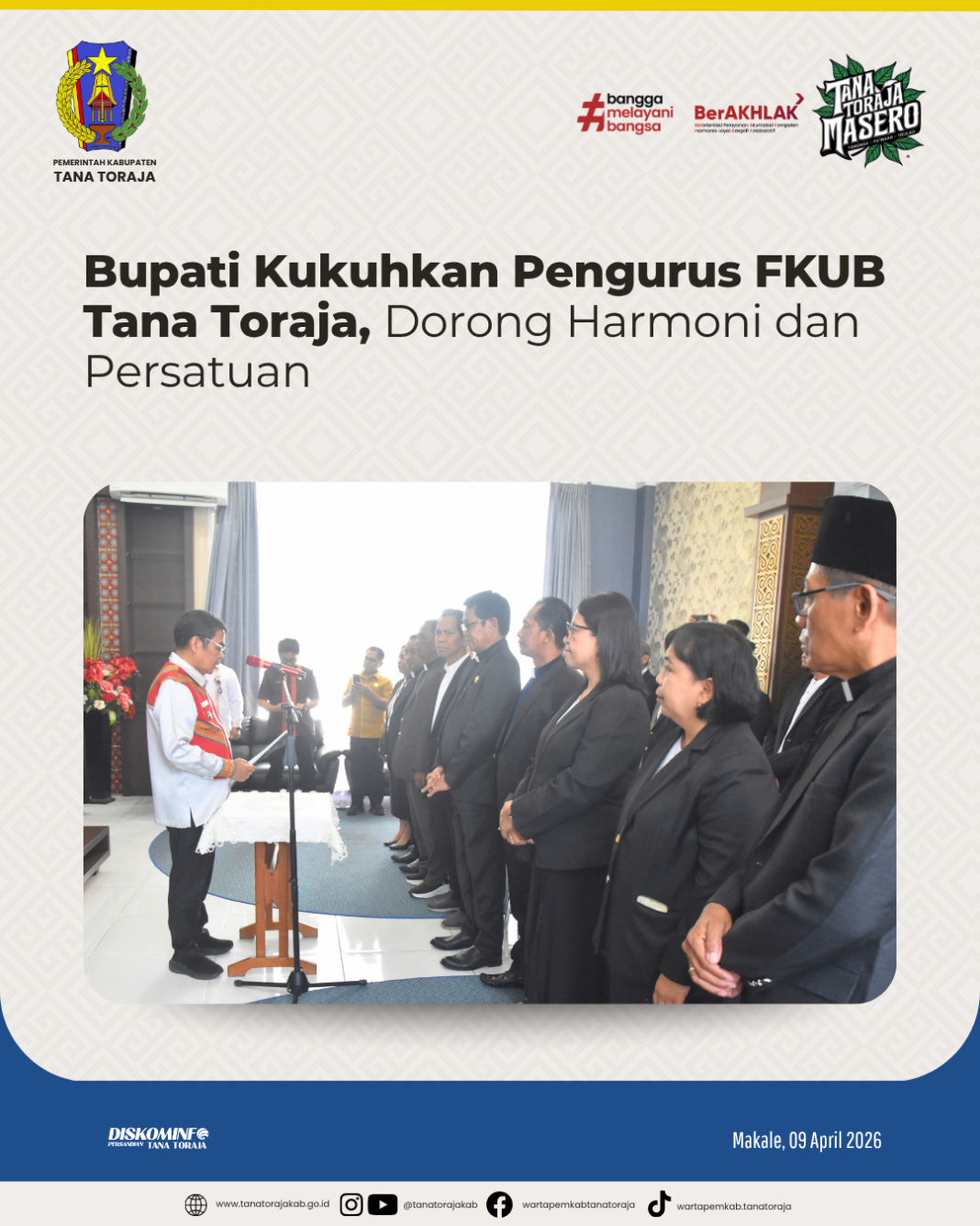 Bupati Kukuhkan Pengurus FKUB Tana Toraja, Dorong Harmoni dan Persatuan 2026